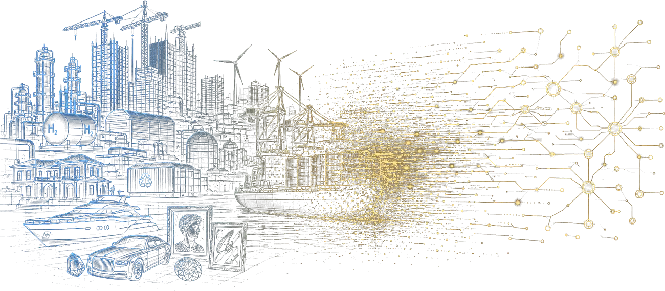 Real assets on the left dissolve into a stream of data and reassemble into a network of nodes and permissions on the right
